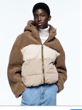 Zara Contrast Sherpa Hooded Jacket - Caramel